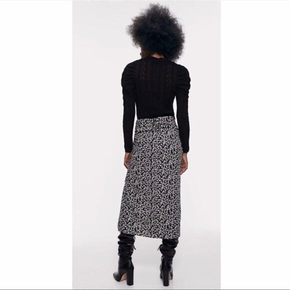 Zara Draped Black Moody Micro Floral Print Ruched Side Slit Midi Skirt XS - Picture 13 of 13